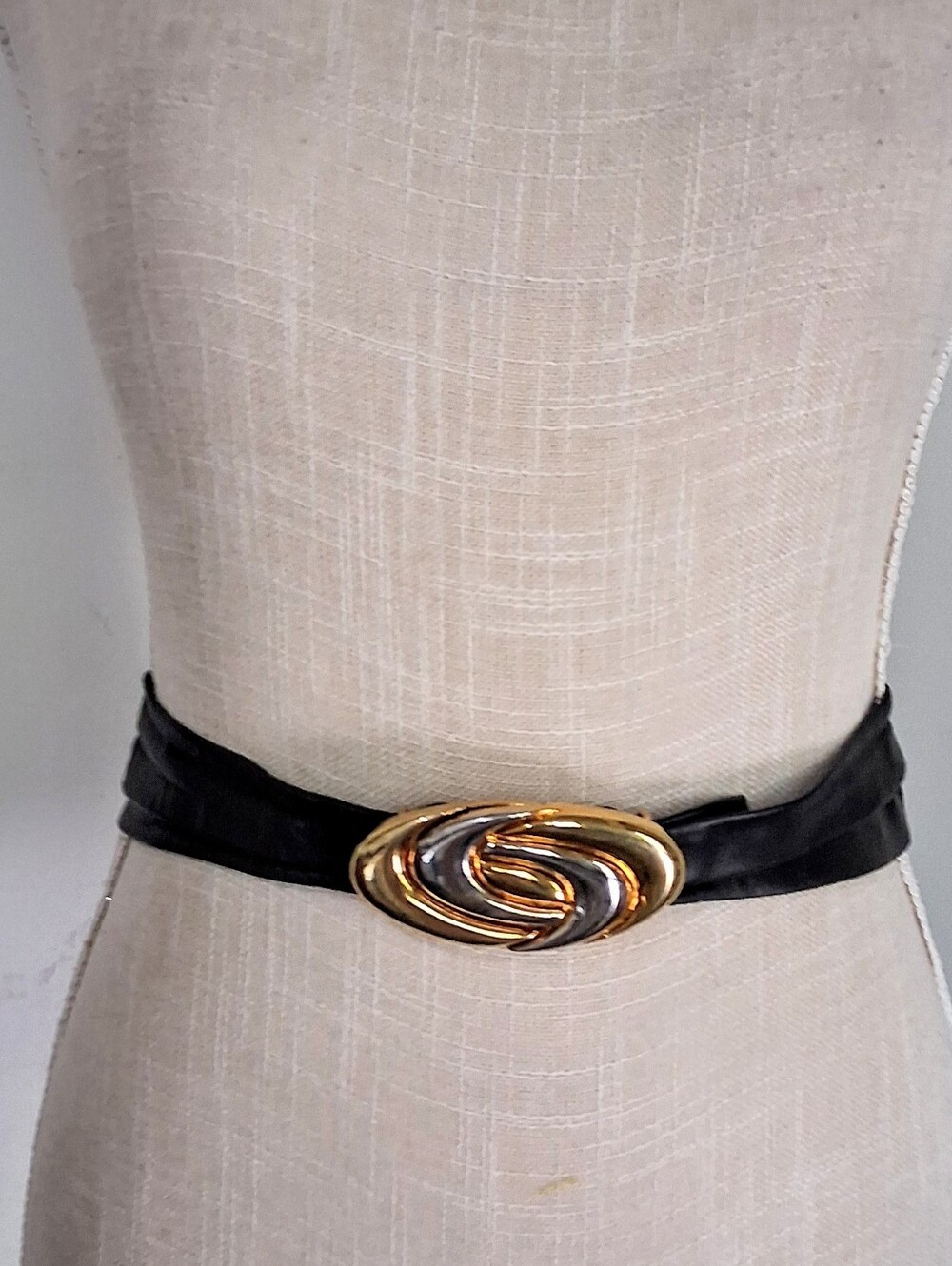 "1989 Liz Claiborne Accessories" - Black Leather Belt - Gold & Silver Buckle